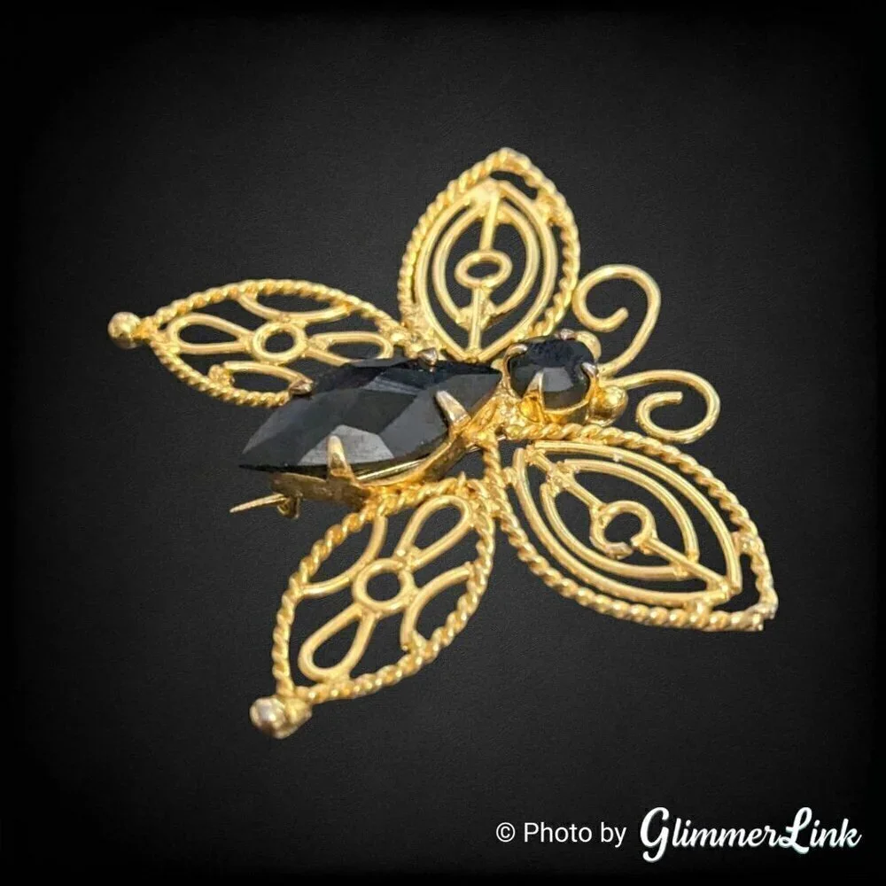 Vintage Butterfly Filigree Black Rhinestones Gold Tone Brooch Pin